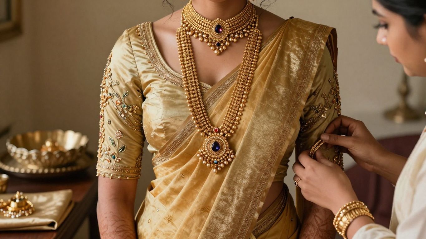 Bridal jewelry layers arranged over silk blouse