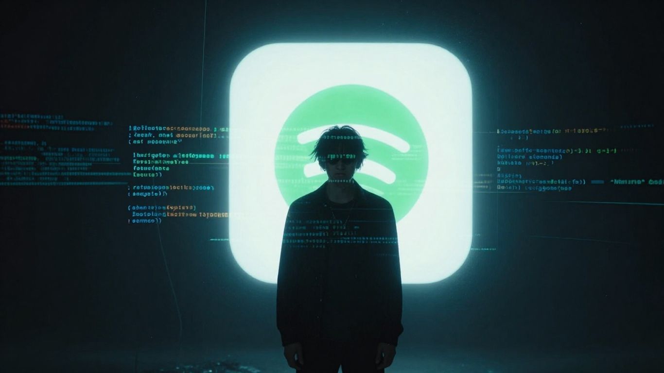Musician facing a glowing Spotify logo with obscured album.