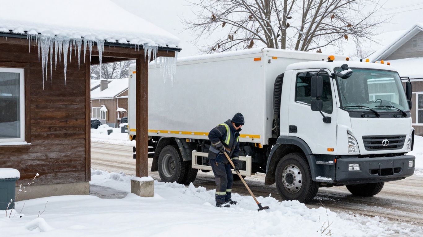 Contractor truck on snowy street, winter service.