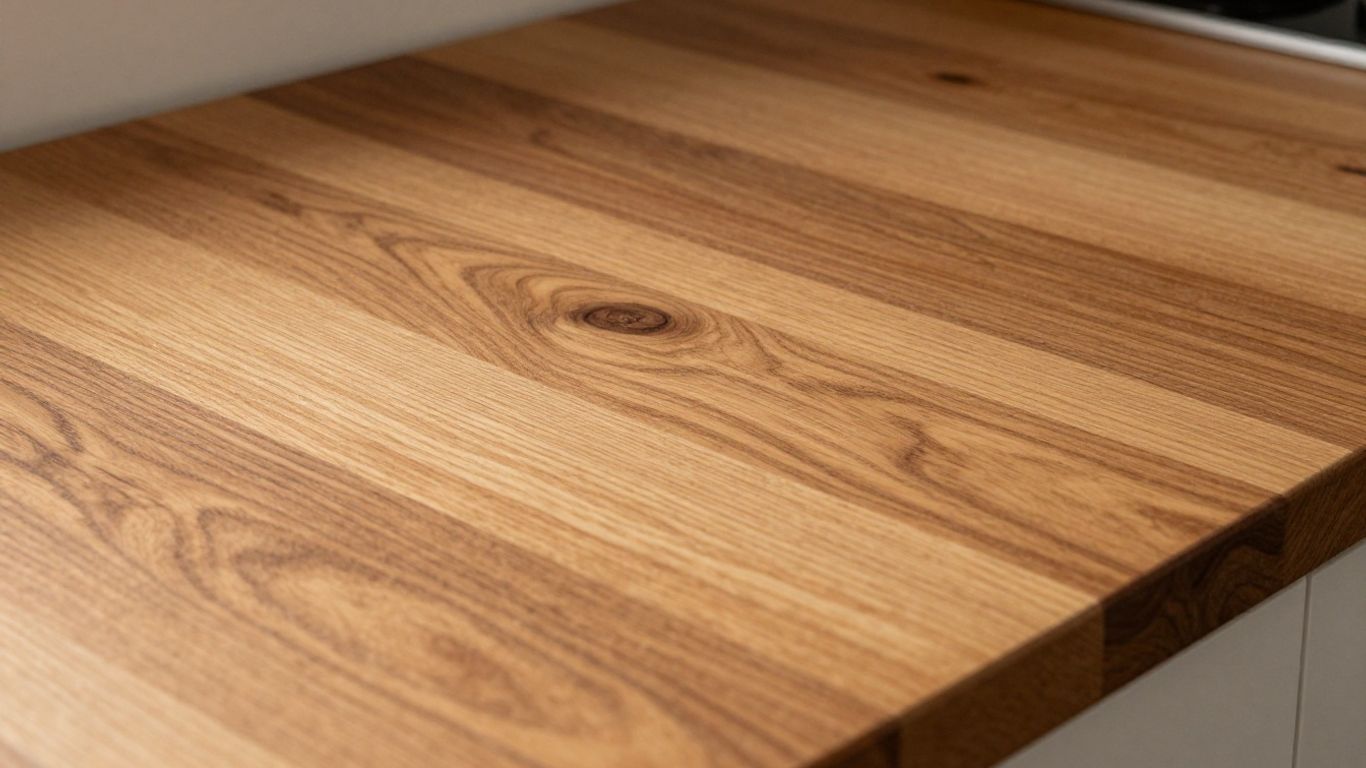 Close-up of a solid oak kitchen worktop's grain.