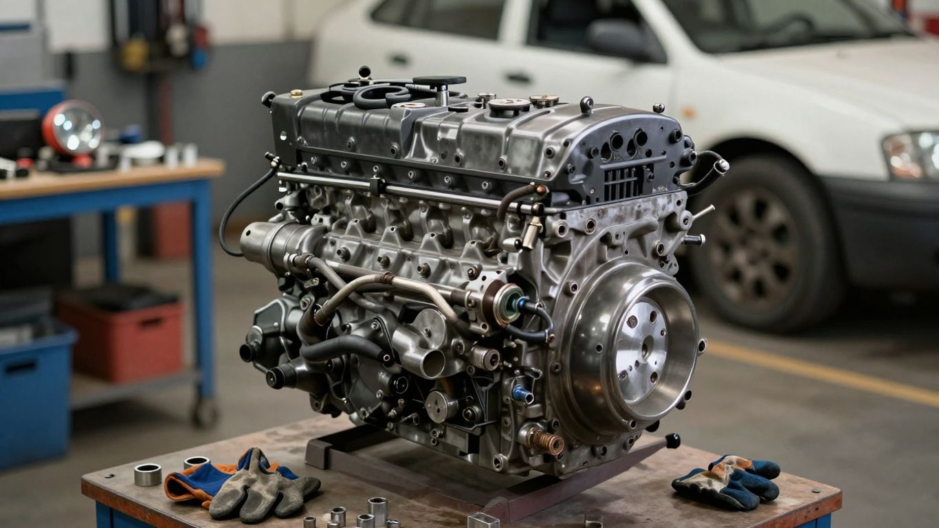 Used Subaru engine beside workshop tools