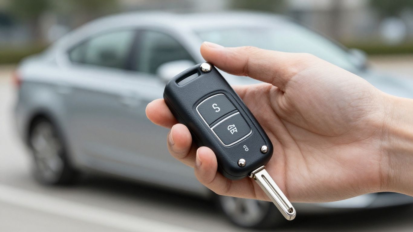 Ein Schlüssel in einer Hand vor einem verschwommenen Auto