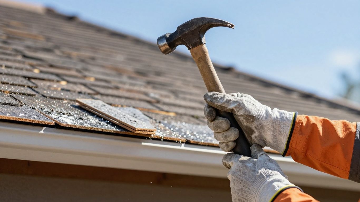 Roofer's hands with hammer and shingles on a roof.