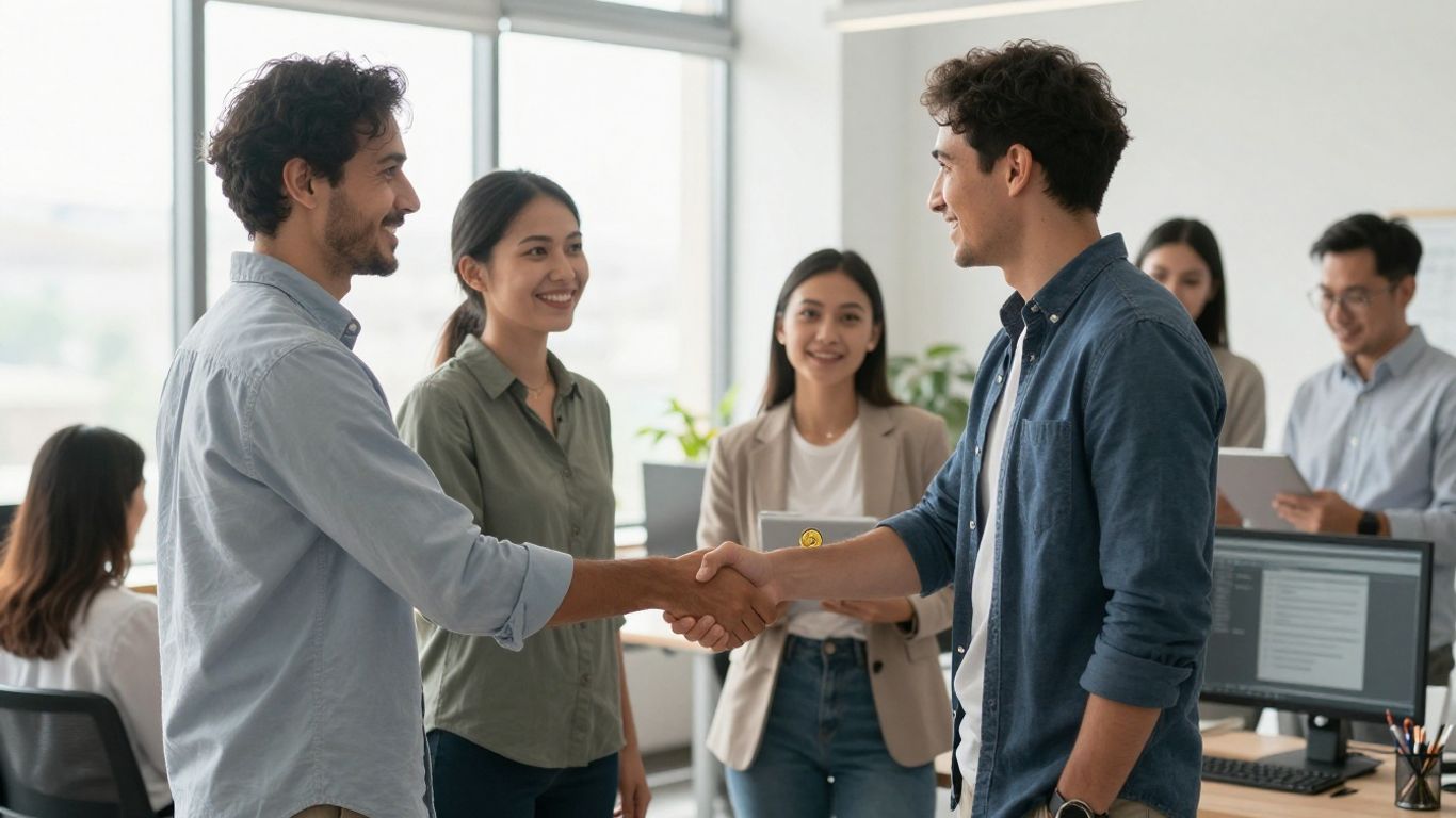 Workers receiving financial benefits in a modern office.
