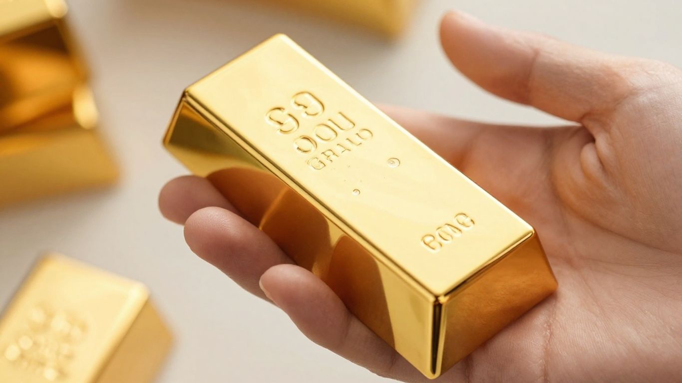 يد ذهبية تحمل قطعة من الذهب اللامع.