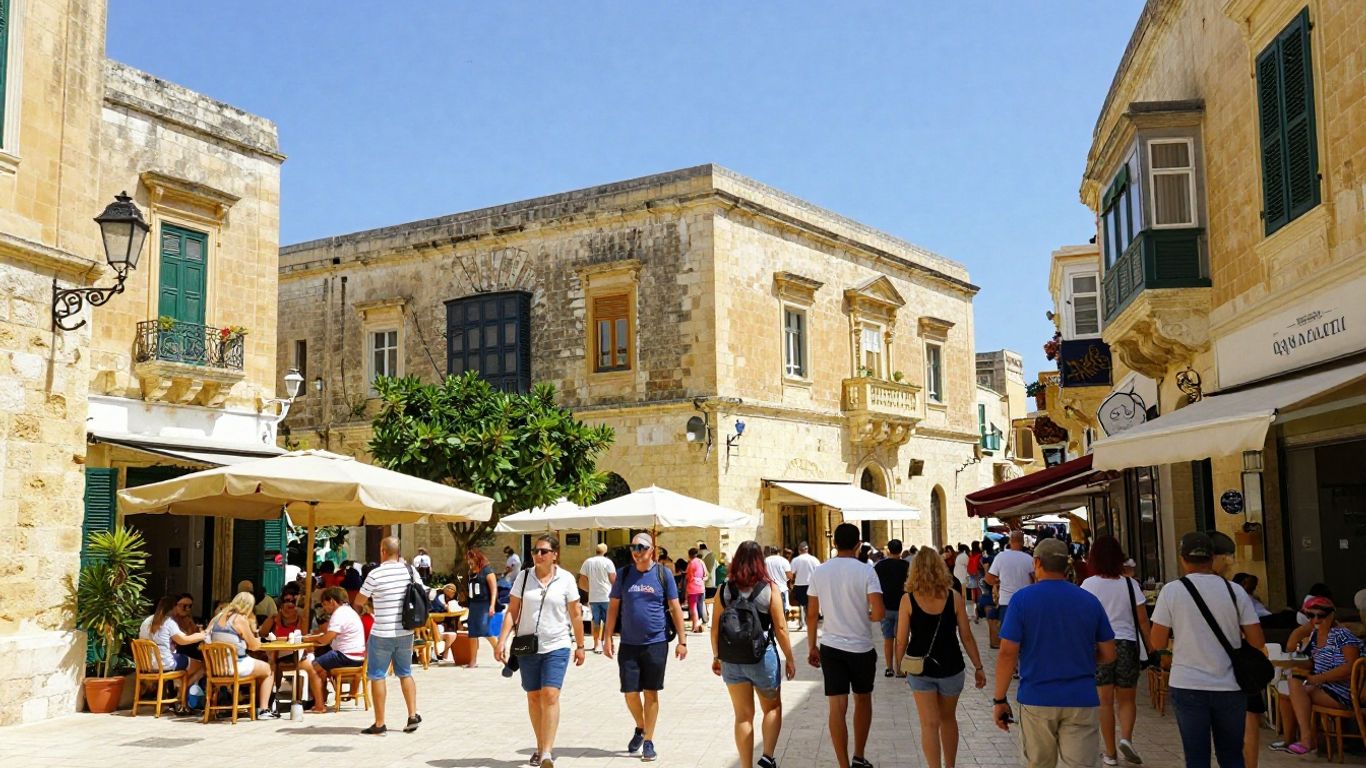 Crowded street in Malta with tourists and historic buildings.