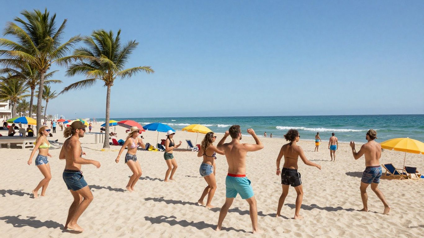 Mensen dansen op een zonnig strand met palmbomen.