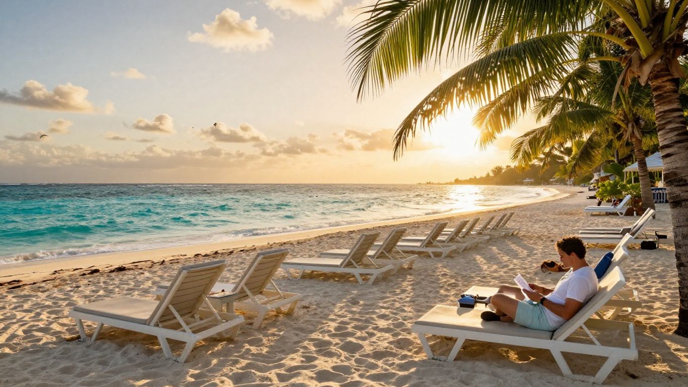 Jamaican beach resort with loungers and sunset light