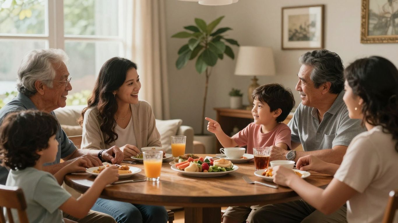 Familie adunată la masă, împărtășind momente culturale.