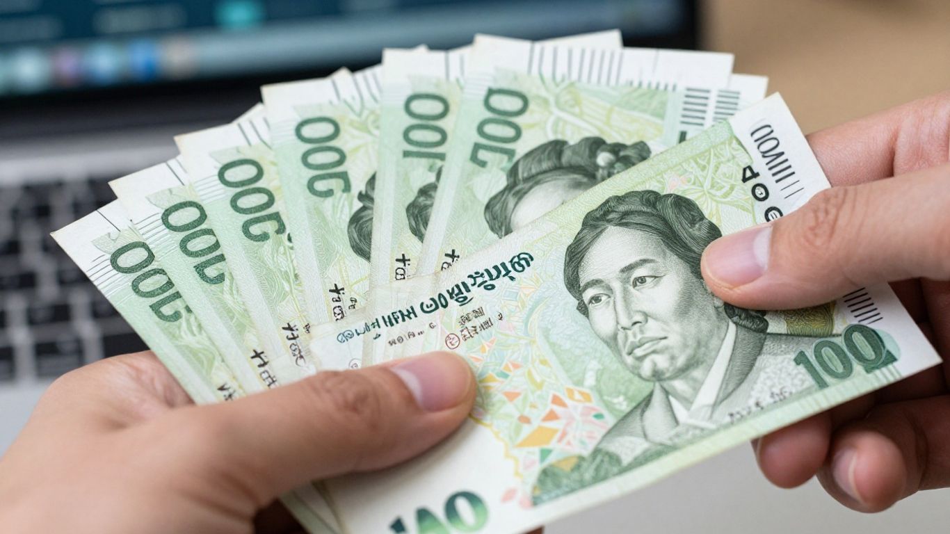 Korean Won bills in hand, digital interface background