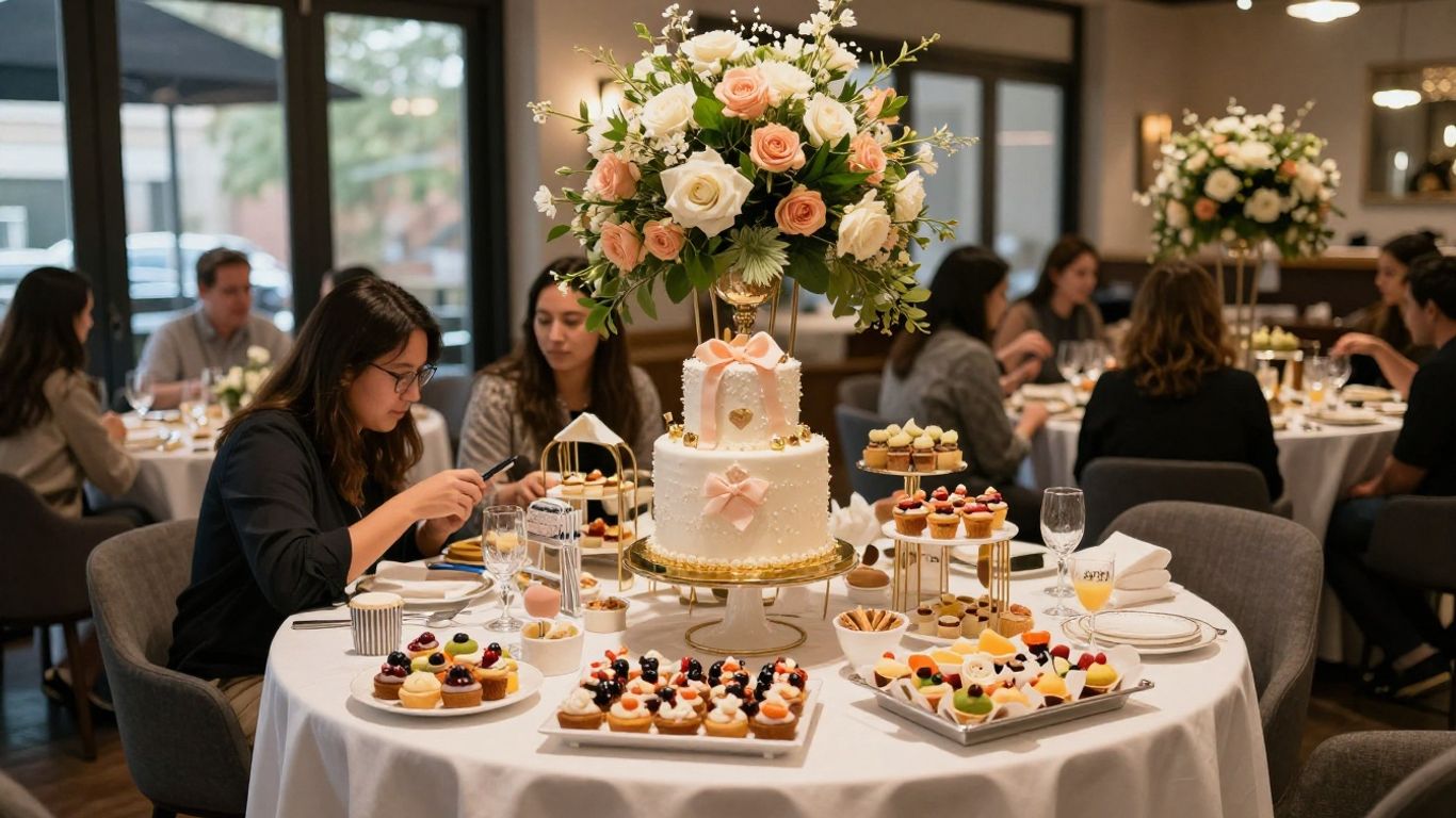 Elegant baby shower venue with floral decor and dessert table.