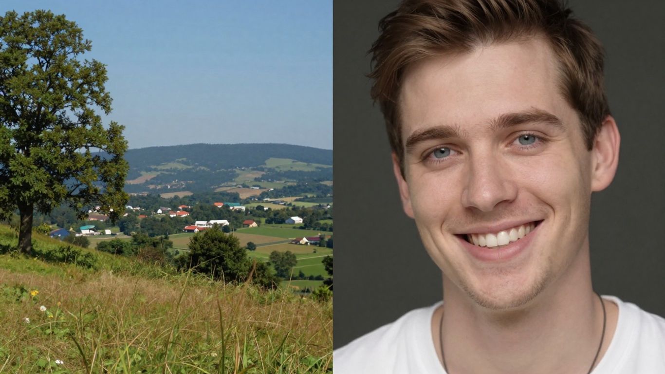 Duas fotos lado a lado com paisagem e pessoa sorrindo.