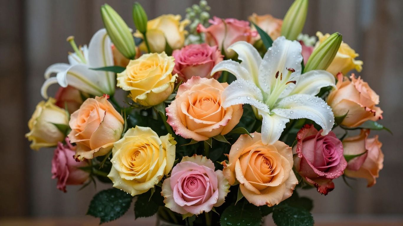 Beautiful floral arrangement with fresh roses and lilies.