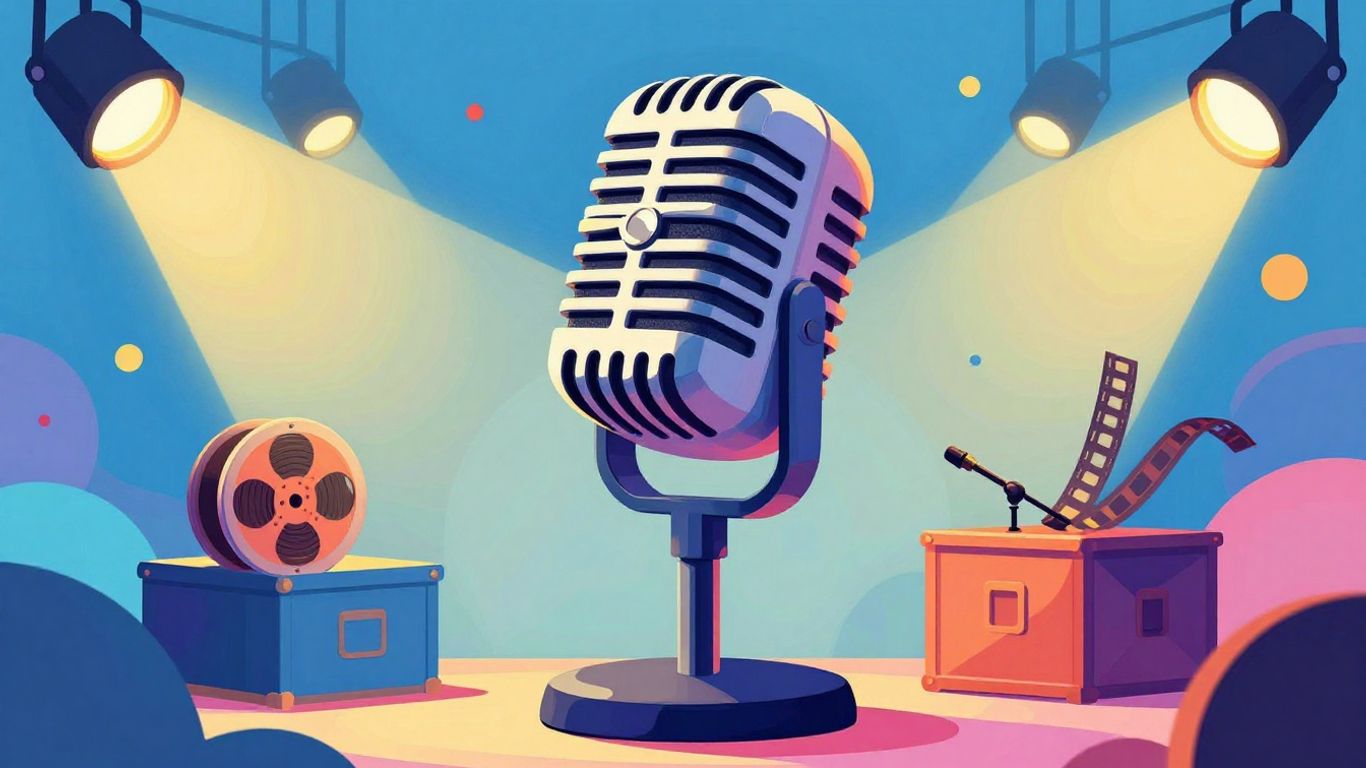 Entertainment industry icons with spotlights and abstract shapes.