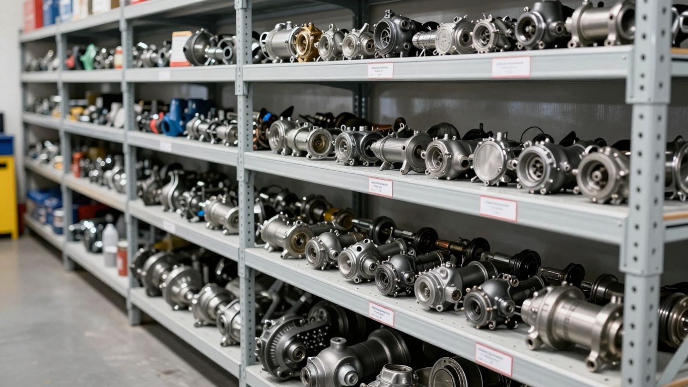 Gearbox components resting on clean industrial shelving