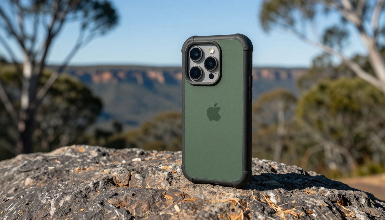 An iPhone 17 Pro with a rugged, dark green case placed on a rock during a hike in the Blue Mountains, with the Australian bush in the background.
