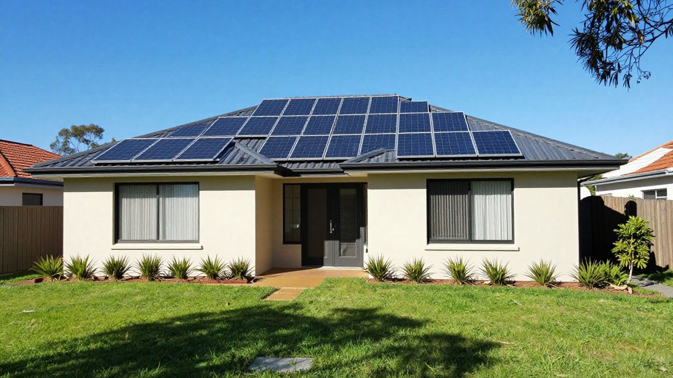 Australian house with rooftop solar panels under bright sky