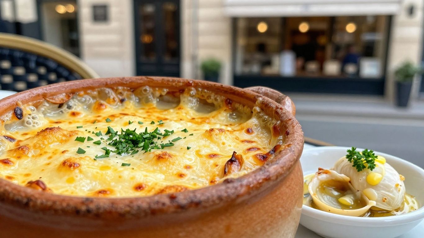 Parisian food: French onion soup and escargots.