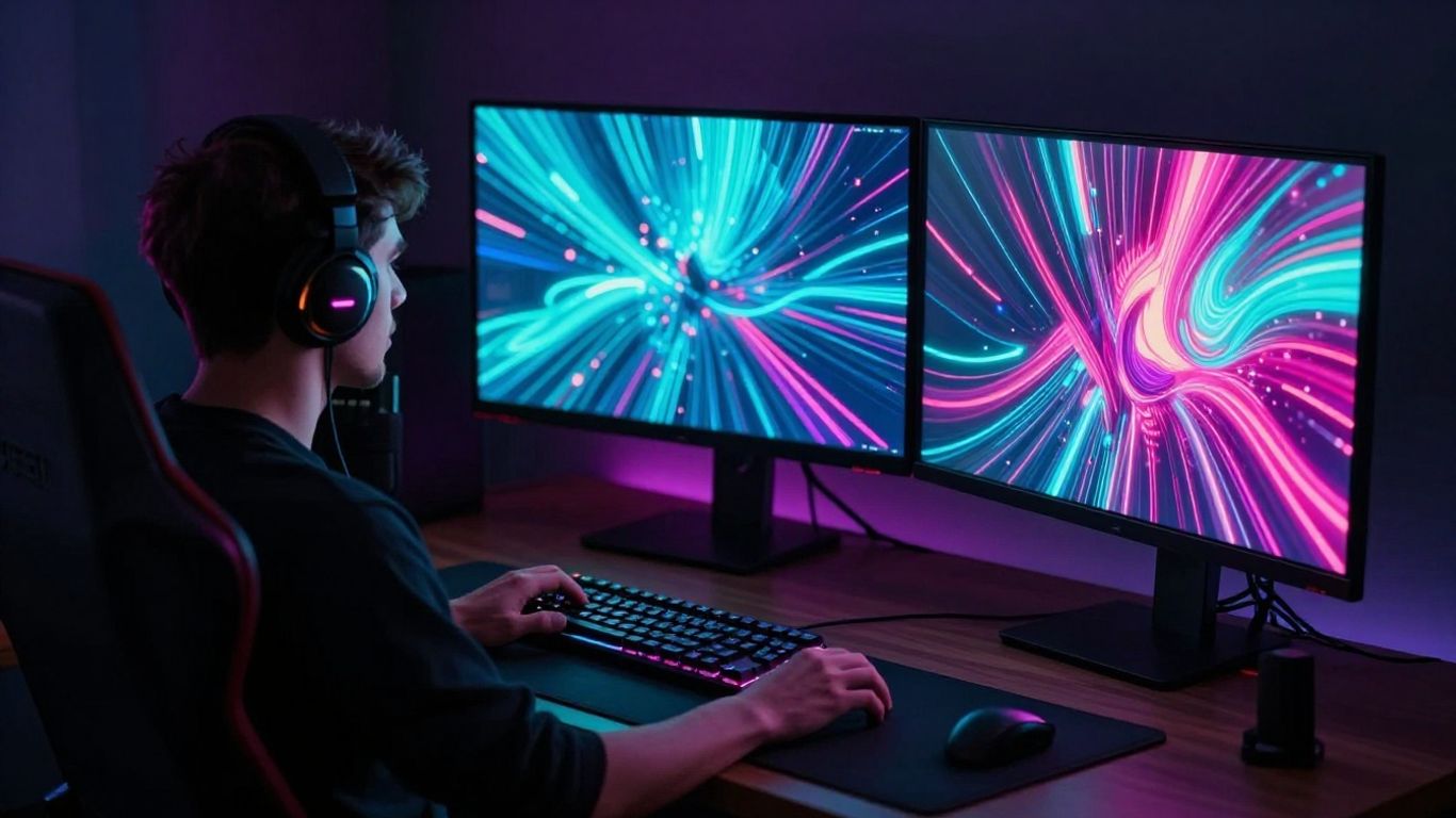 Neon gaming setup with streamer music visuals