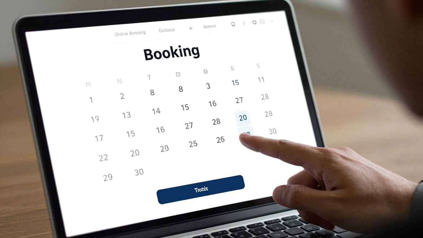 Interfejs systemu rezerwacji online na ekranie laptopa.