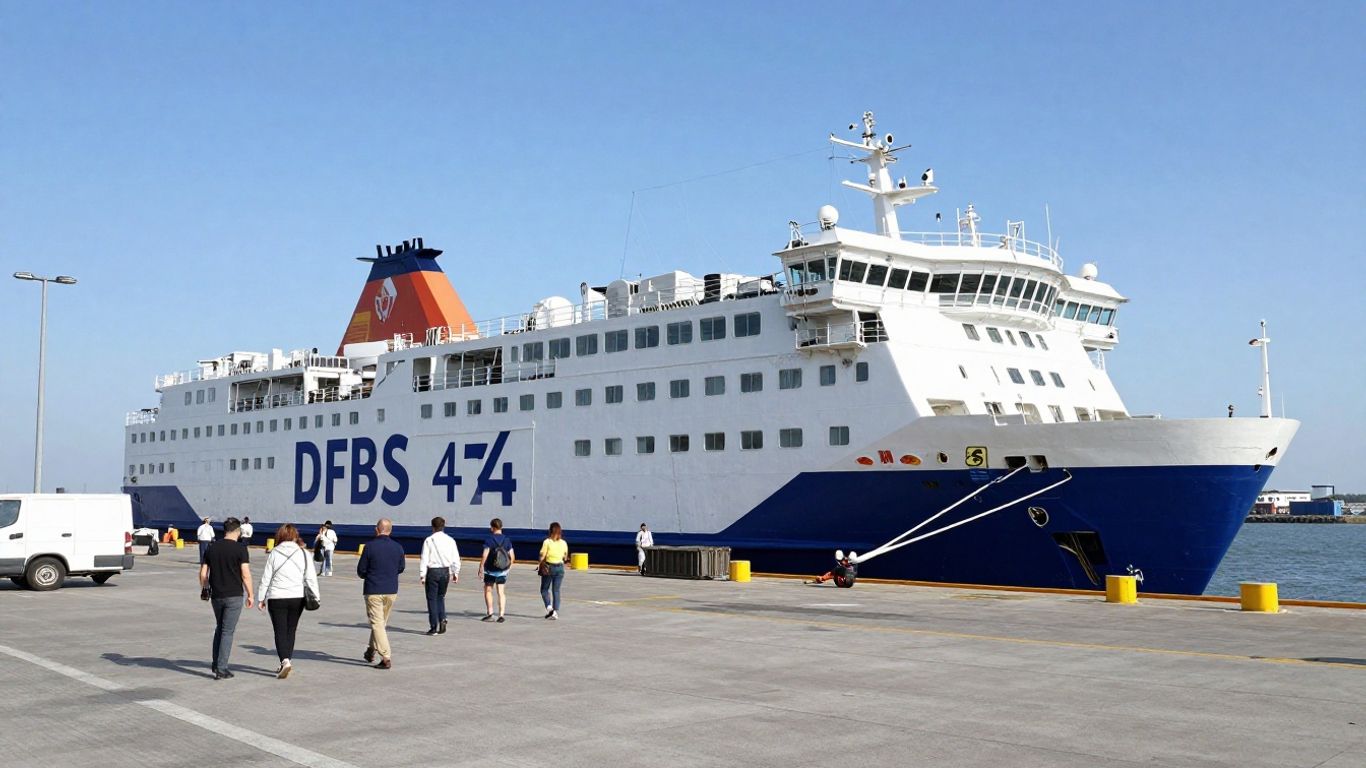 DFDS ferry at a busy port with people around.