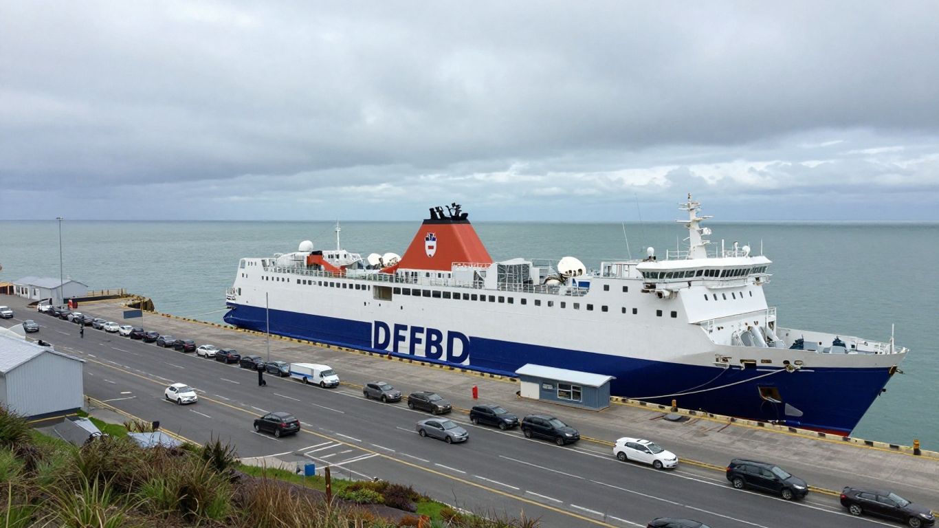 Dover DFDS ferry terminal with docked ferries and cars.