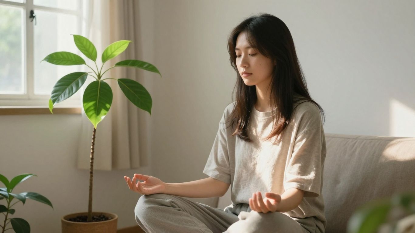 Person radiating calm energy, with a thriving plant nearby.