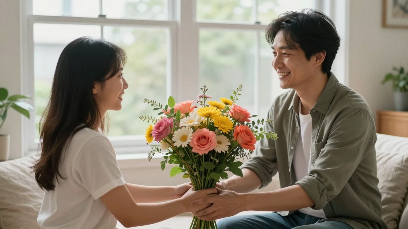 A daughter receiving a colorful bouquet