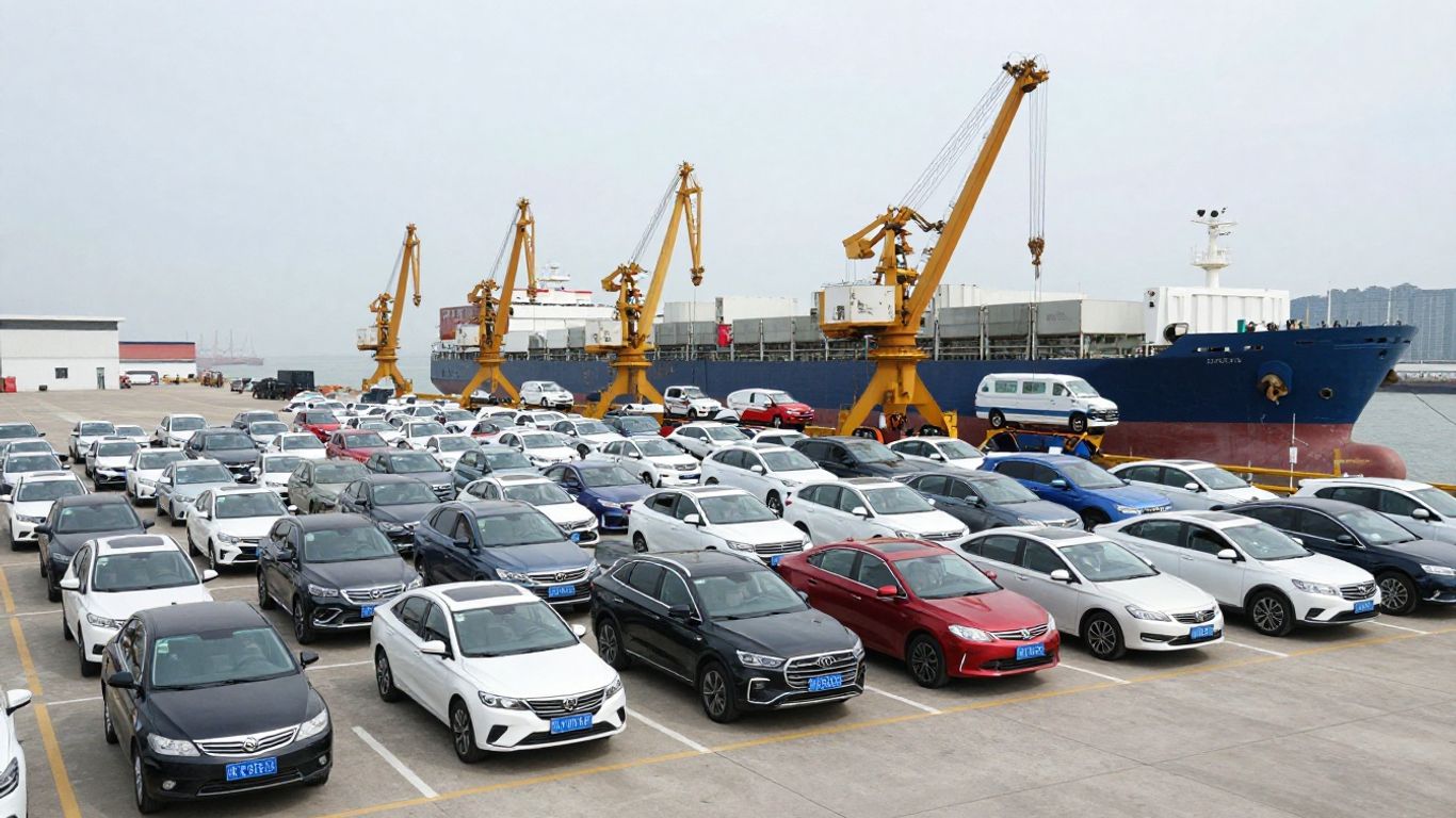 Chinese cars being loaded onto cargo ships at a port.