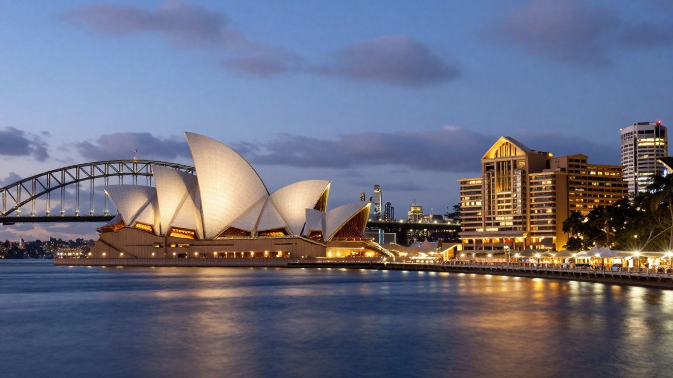 Sydney Opera House and Harbour Bridge at dusk.