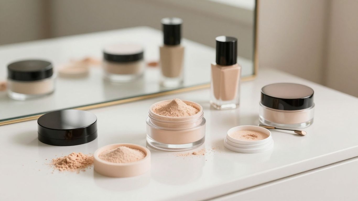 A collection of setting powders on a vanity