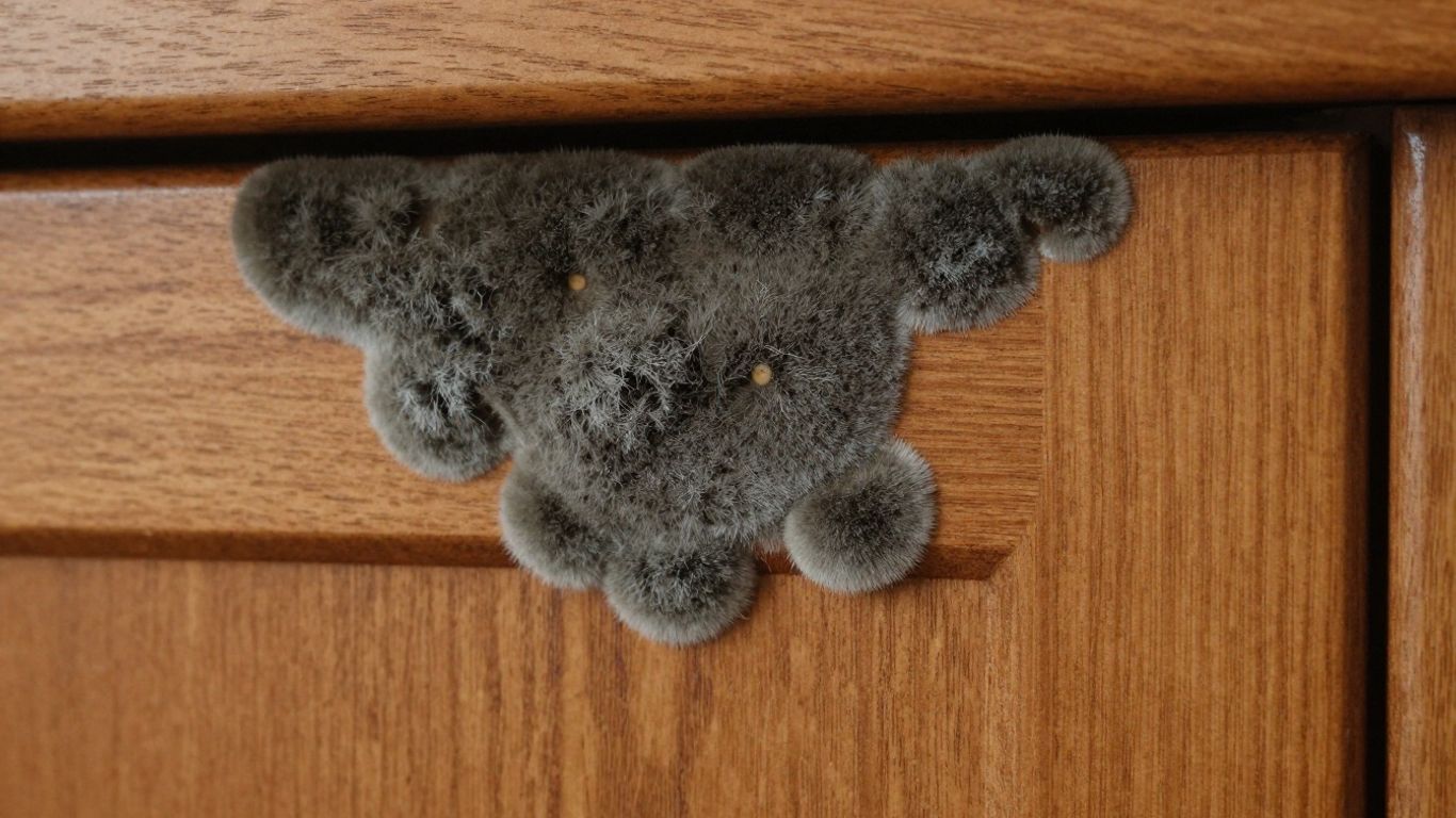 Mold growth on a wooden kitchen cabinet surface.