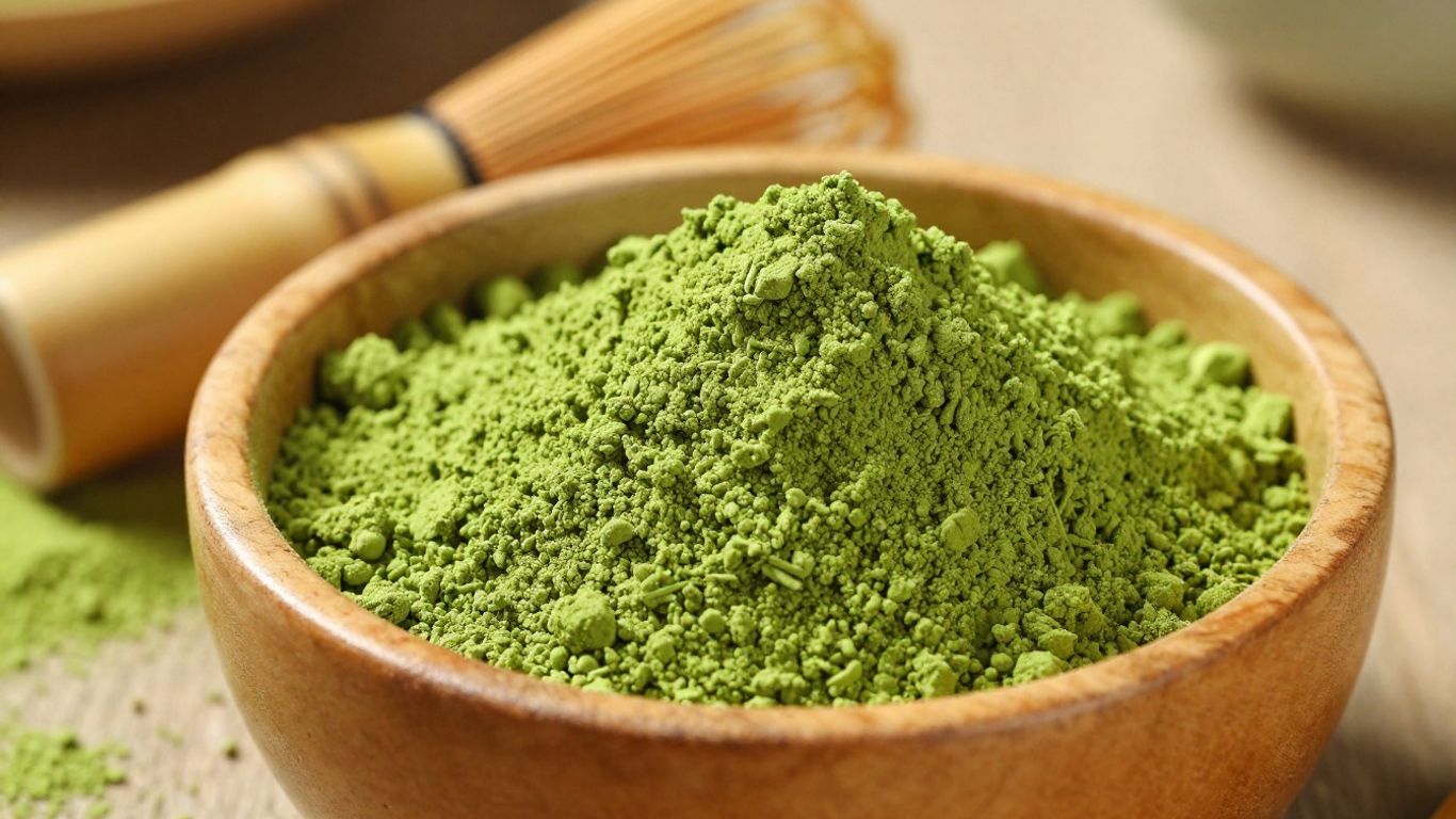 Vibrant green matcha powder with bamboo whisks.