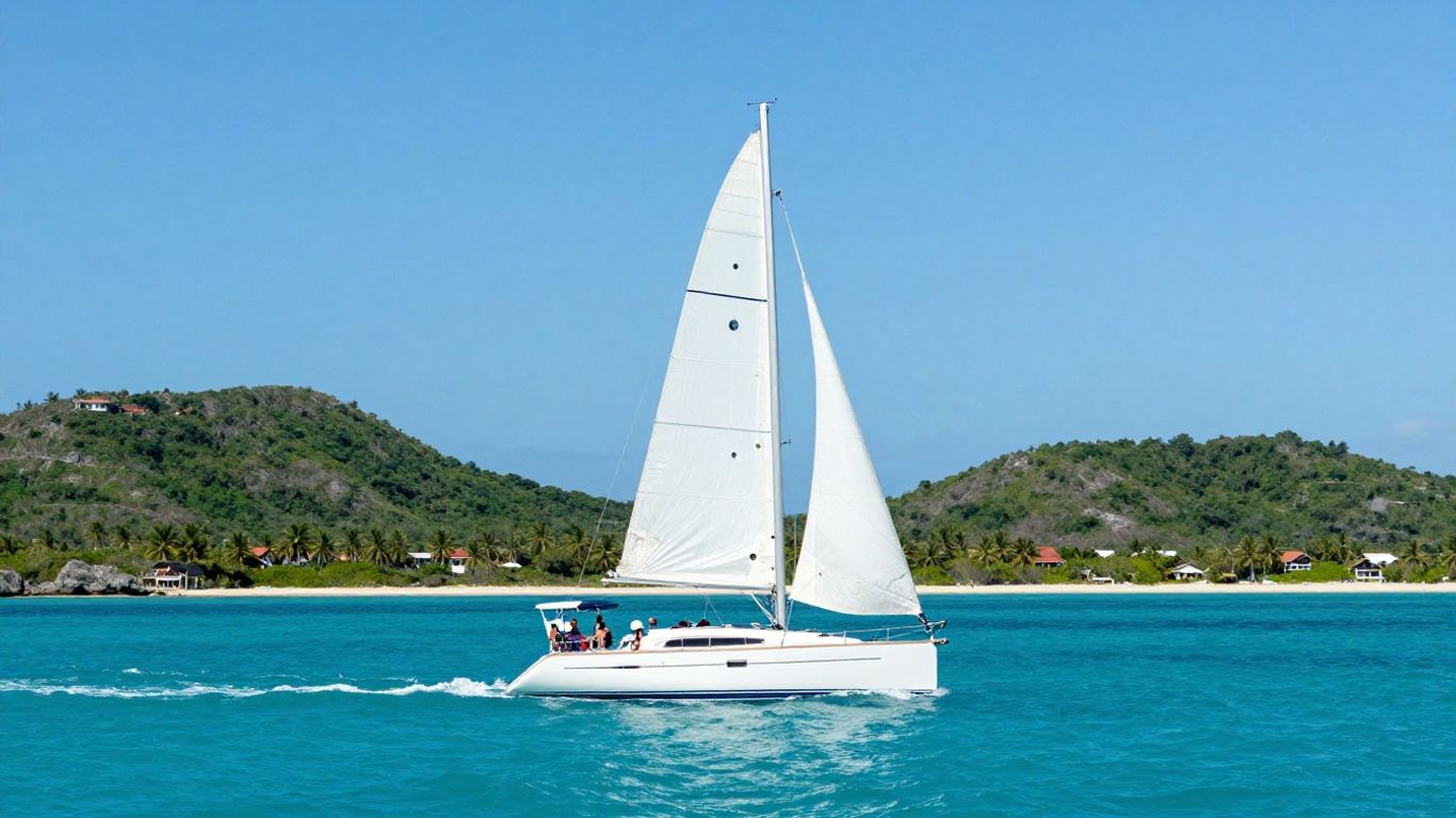 Sailboat on clear Caribbean water near islands.