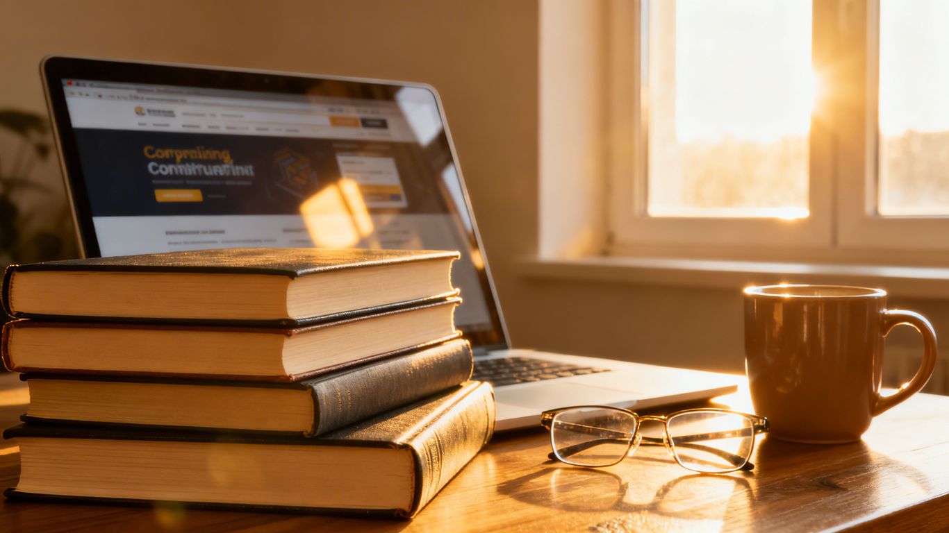 Four books stacked by laptop on a wooden desk