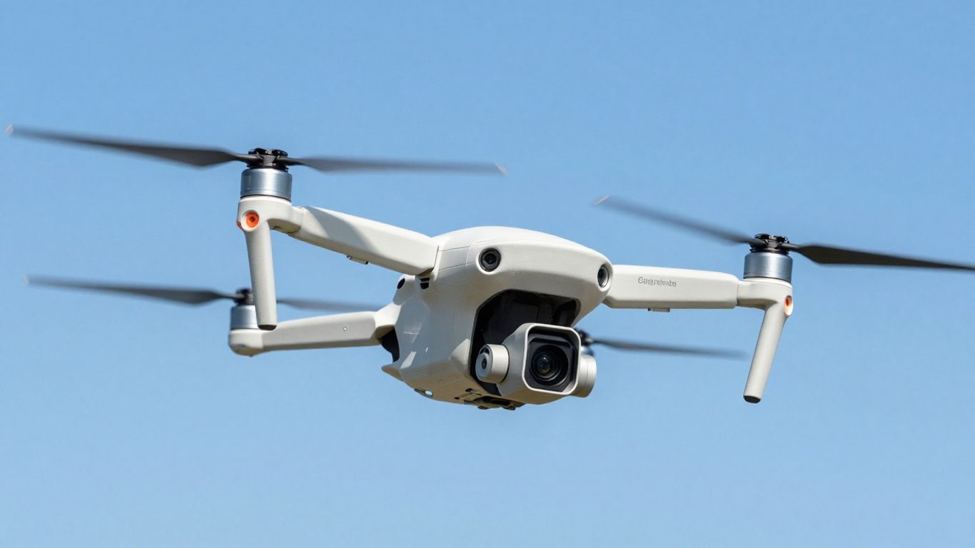 A drone hovering under blue sky