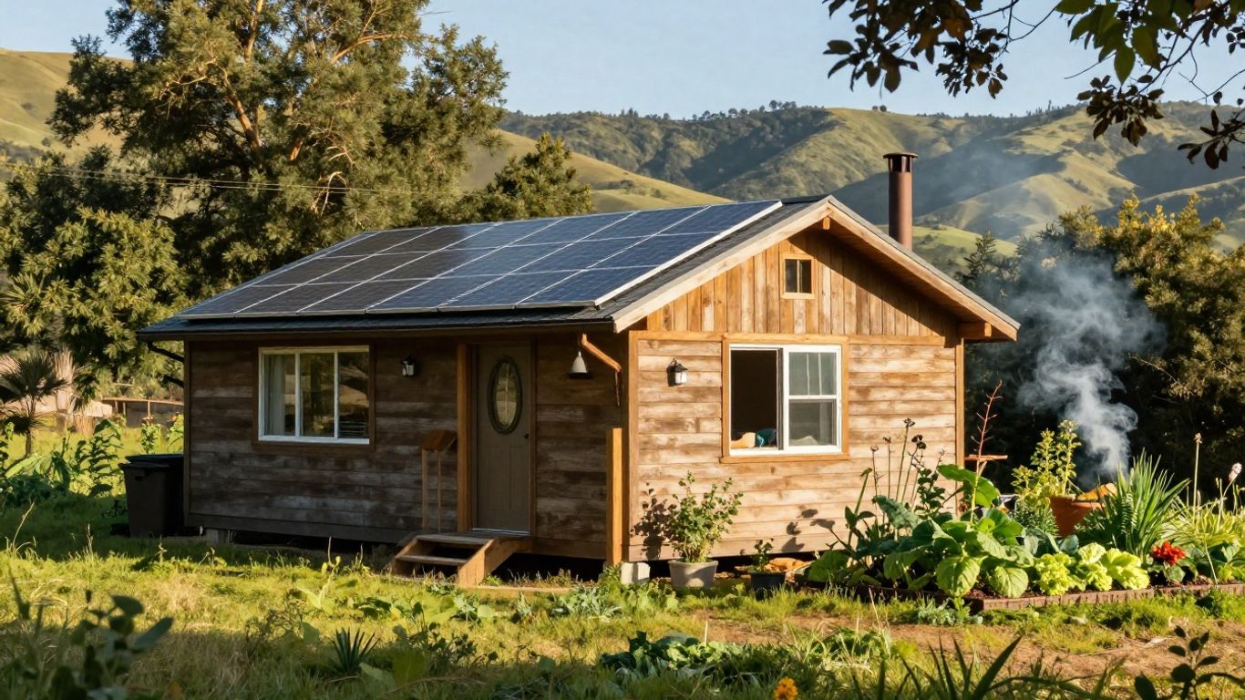 Off-grid cabin with solar panels and garden