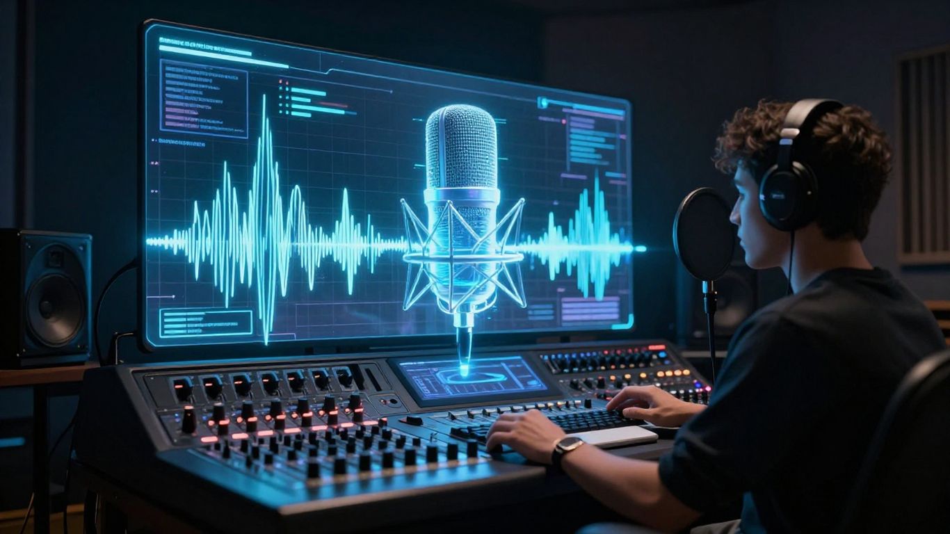 AI creating music with holographic microphone and soundwaves.