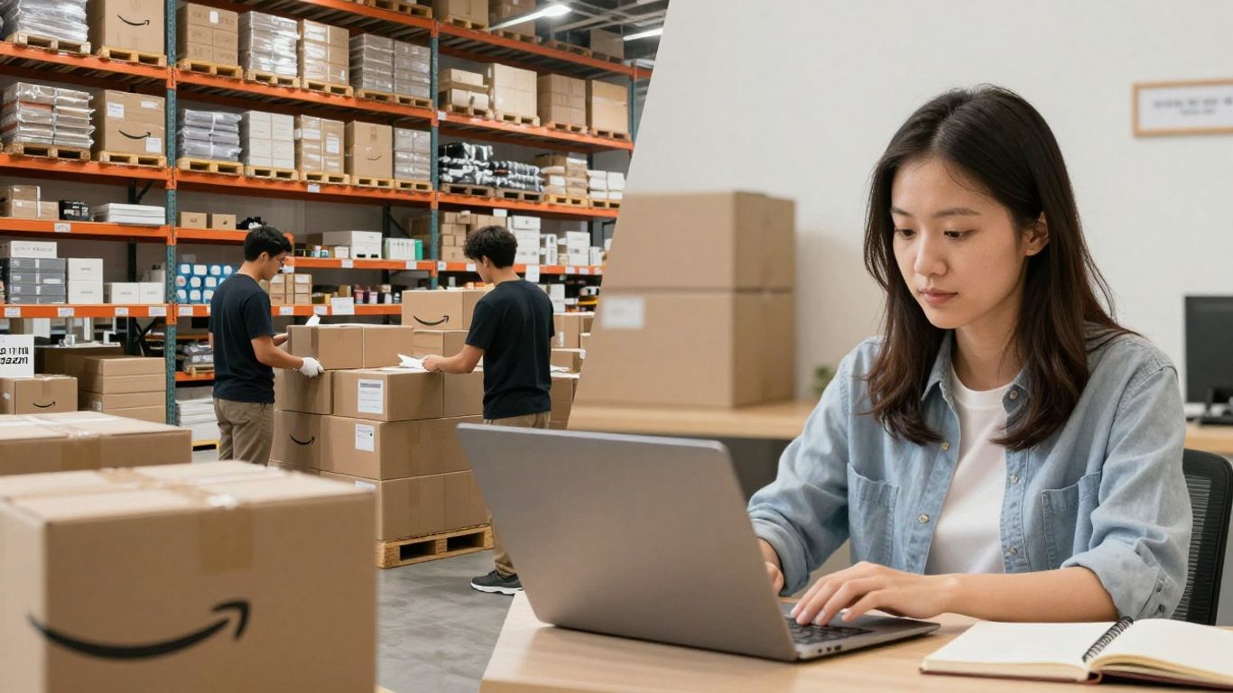 Fulfillment center and individual managing inventory side-by-side.