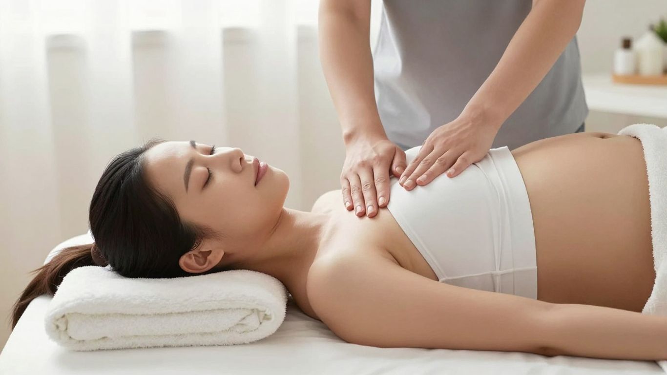Mujer embarazada disfrutando de un masaje prenatal relajante.