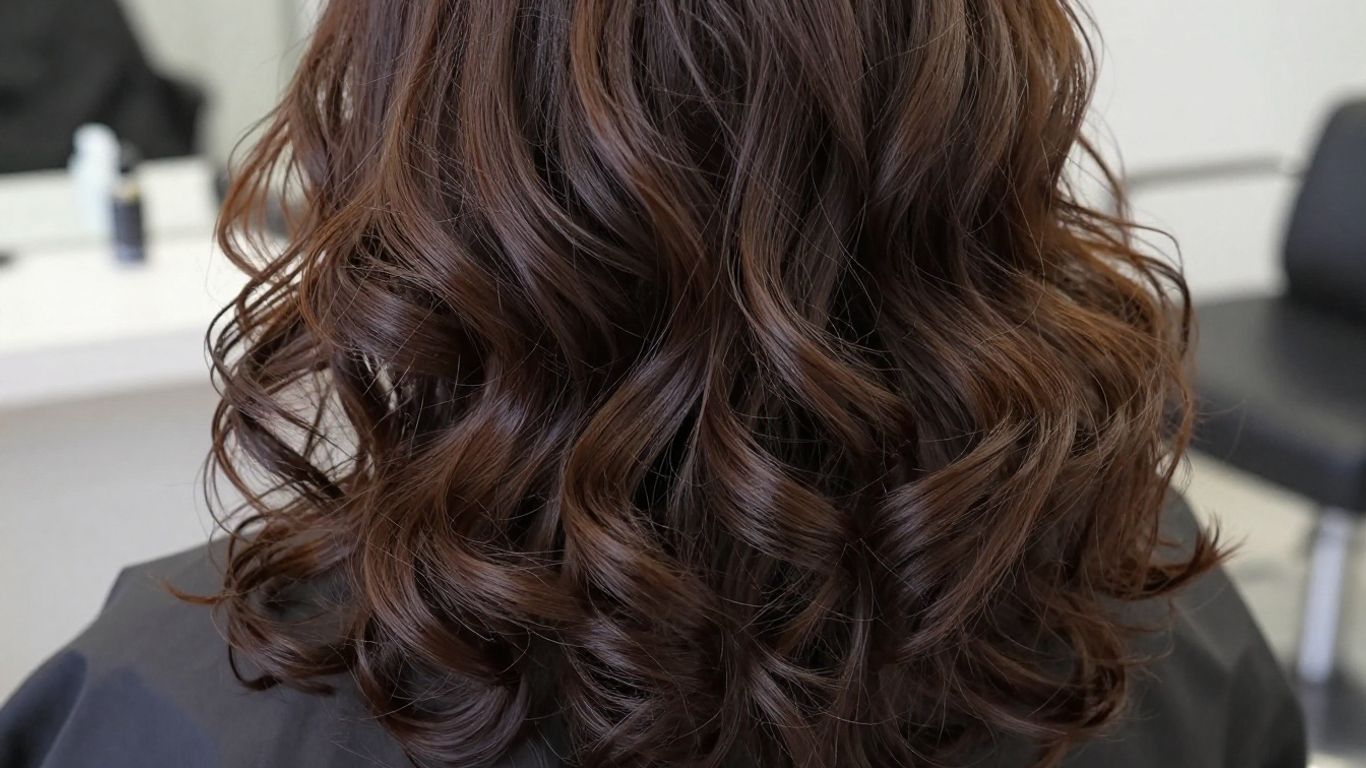 Person with voluminous, textured hair in a salon.