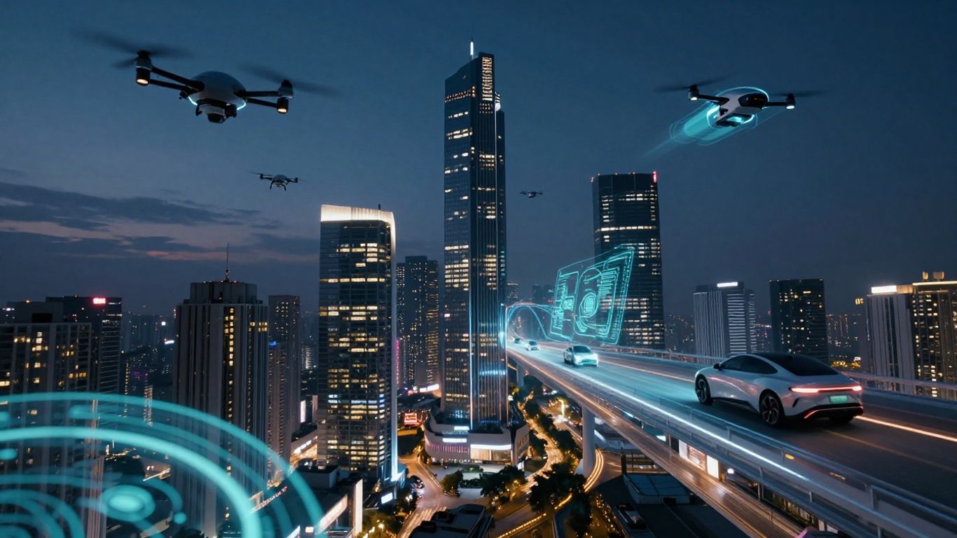 Futuristic cityscape with glowing interfaces and flying vehicles.