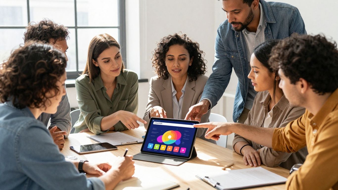 Professionals collaborating around a tablet displaying LMS interface.