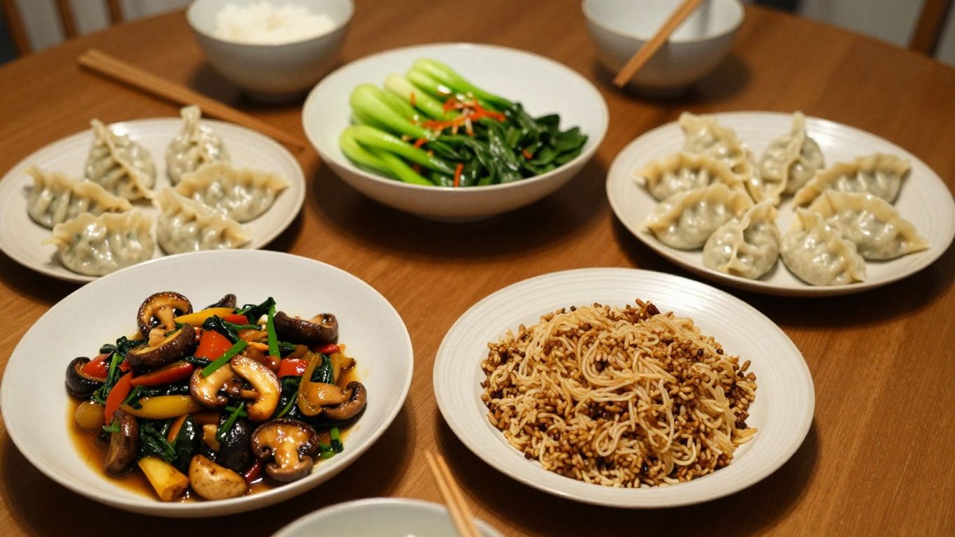 Fresh vegetables and dumplings on table