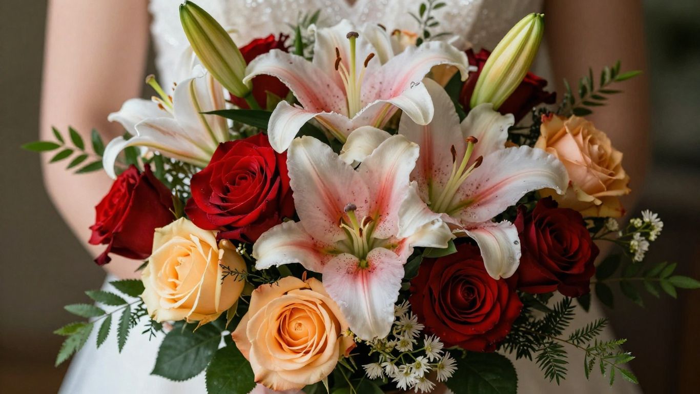 Bride's wedding bouquet with roses and lilies.