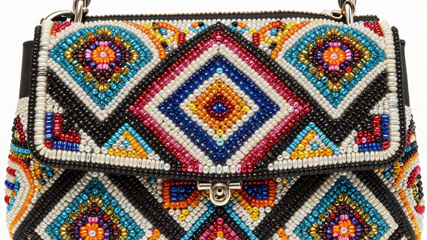 Close-up of a unique, handcrafted beaded purse.
