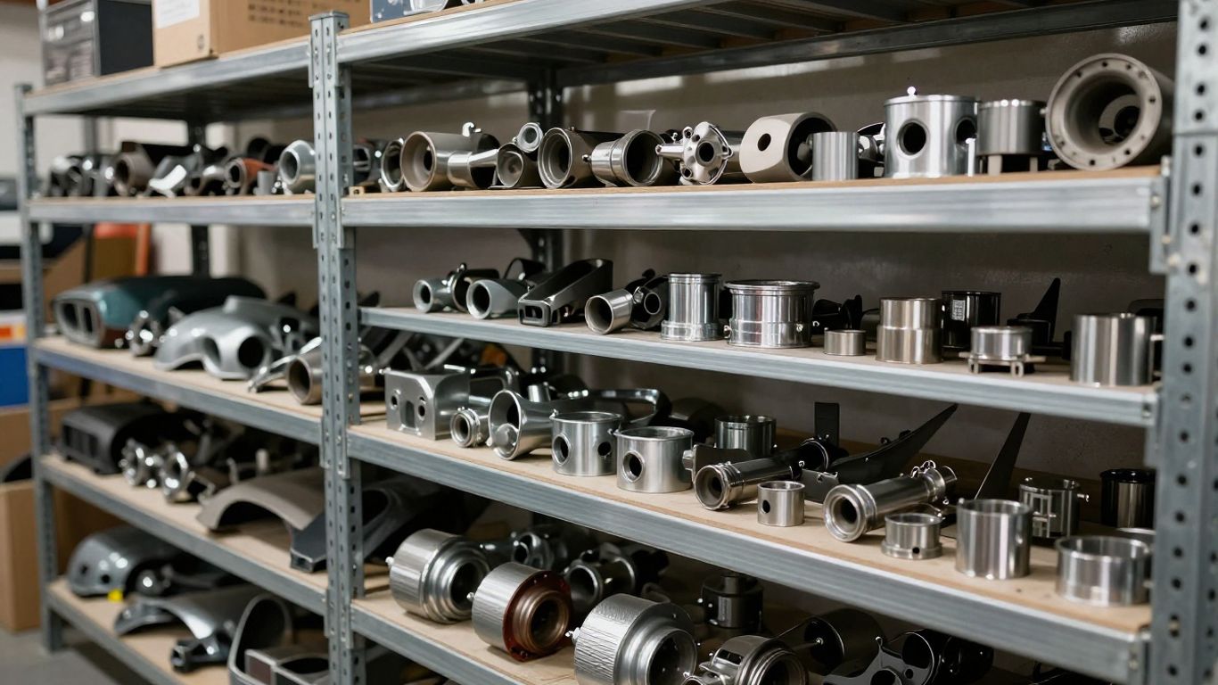 Disassembled car parts organized in a warehouse