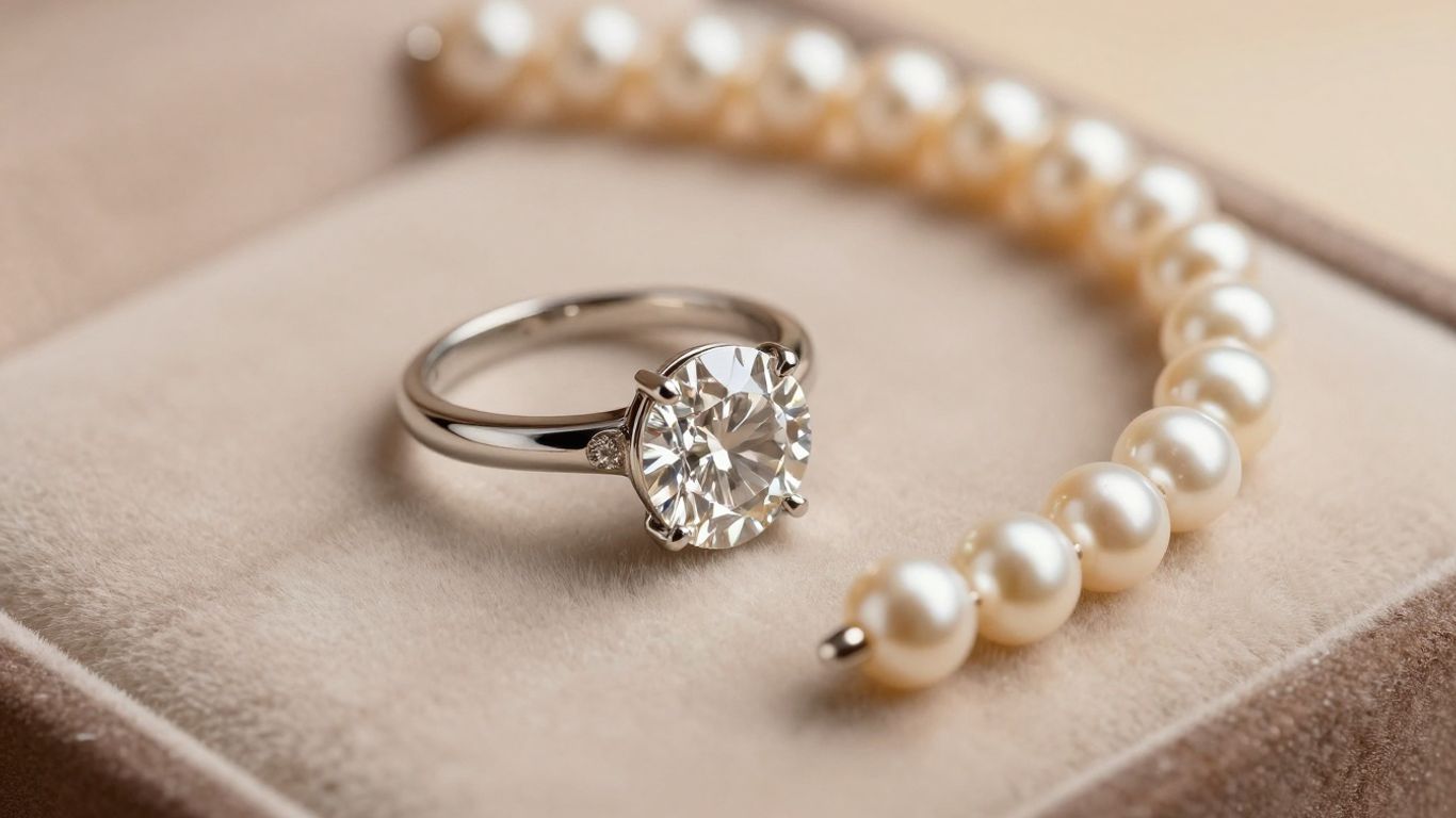 Anillo de diamantes y collar de perlas sobre cojín de terciopelo.