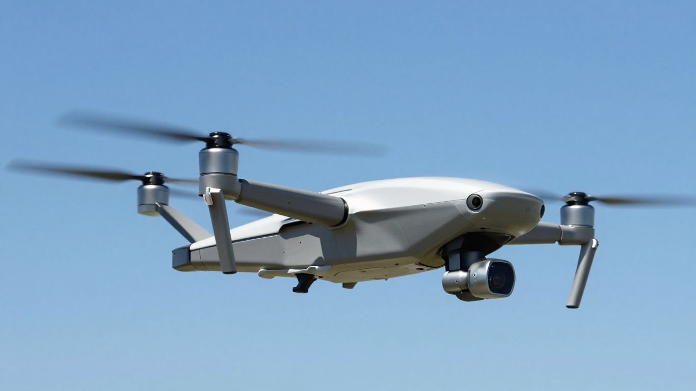 American drone hovering, advanced technology, business use.
