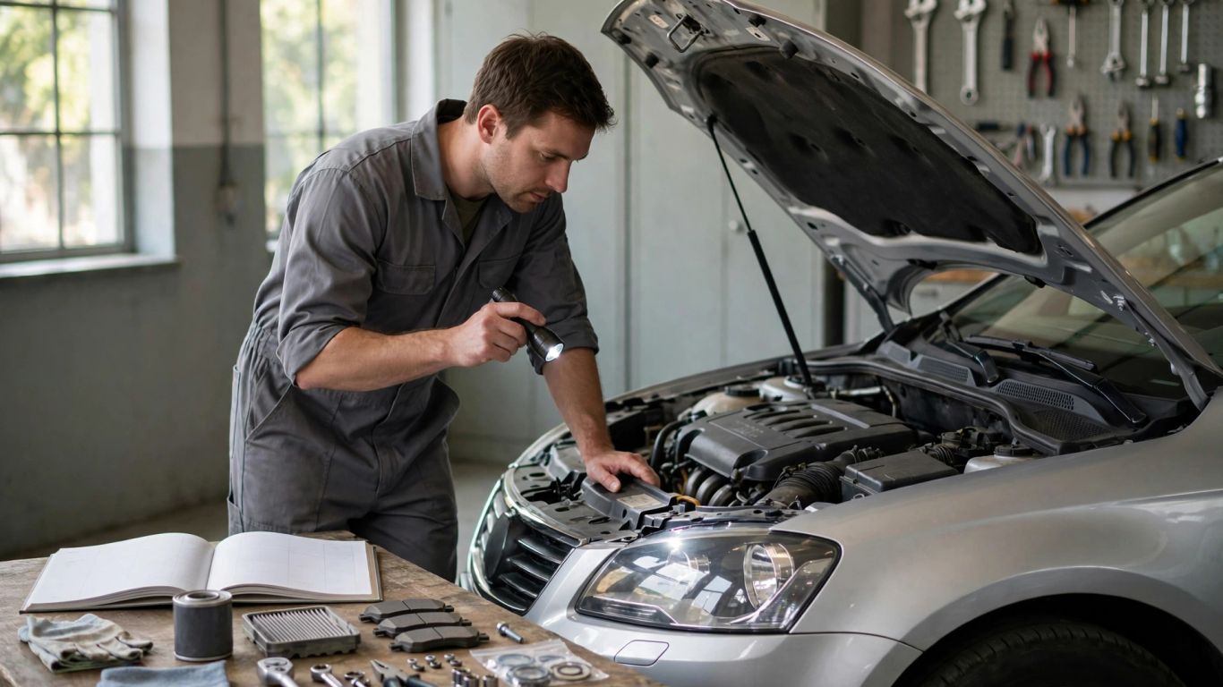 Werkstatt prüft Auto und Wartungsunterlagen